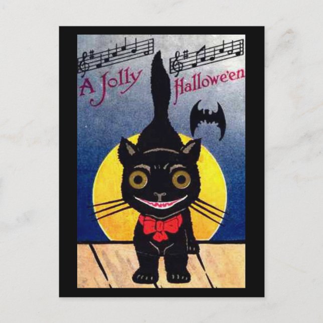 Cartão Postal De Festividades Jolly Halloween Cat and Bat (Frente)