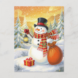 Cartão Postal De Festividades Jolly Snowman Lantern Gifts Snowy Forest