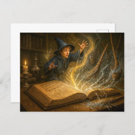 Cartão Postal De Festividades Jovem feiticeiro com ilustração de fantasia de liv