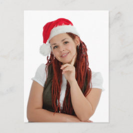 Cartão Postal De Festividades Jovem moça de natal moderna em fundo branco.
