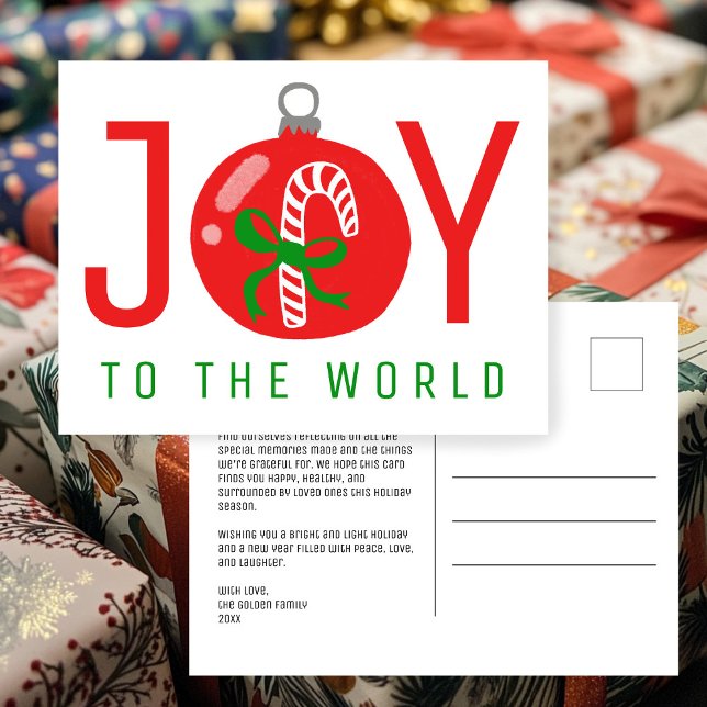 Cartão Postal De Festividades JOY Lindo Ornamento de Natal com Arco de Cane de A (JOY Cute Candycane Bow Christmas Ornament Xmas Non-Photo CUSTOM Holiday Postcard
)