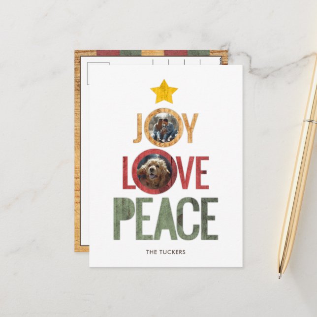 Cartão Postal De Festividades Joy Love Peace Rustic Photo Christmas Tree (Frente/Verso In Situ)