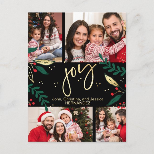 Cartão Postal De Festividades Joy Photo Red Dourado Natal Verde Preto (Frente)