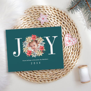 Cartão Postal De Festividades Joy Simple Farmhouse Poinsettia Wreath and Photo