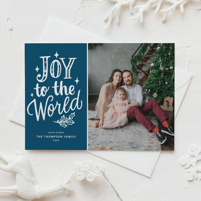 Cartão Postal De Festividades Joy To The World Christmas Carol Blue Photo (Celebrate the season with this customizable blue "Joy to the World" photo Christmas postcard.)