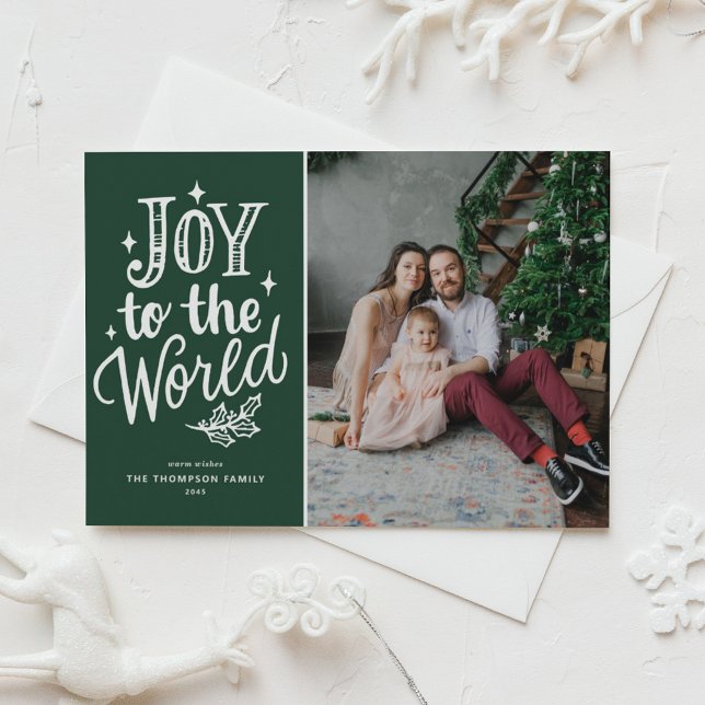 Cartão Postal De Festividades Joy To The World Christmas Carol Green Photo (Celebrate the season with this customizable green "Joy to the World" photo Christmas postcard.)