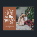 Cartão Postal De Festividades Joy To World Christmas Carol Terracotta Foto<br><div class="desc">Alegria ao mundo,  o Senhor vem! Cartão postal de Natal personalizável,  com carol,  com cartazes à mão,  faíscas e folhagem,  num fundo de terracota. Personalize adicionando nomes,  fotos,  endereços e mensagens. Envie desejos e saudações para a família e amigos com este cartão postal de Natal do quadro-negro.</div>