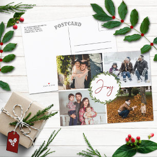 Cartão Postal De Festividades Joy Typography Script Wreath 4 Photo Christmas
