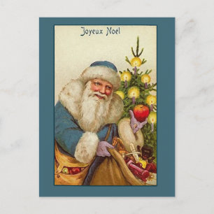 Cartão Postal De Festividades Joyeux Noel com placa Vintage Santa Claus