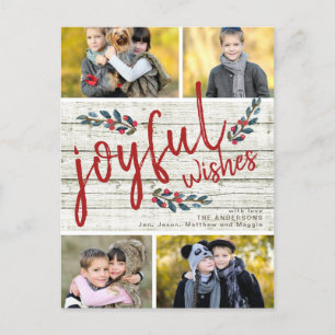Cartão Postal De Festividades Joyful Wish Rustic Red Christmas 4 Photo Collage