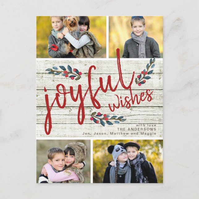 Cartão Postal De Festividades Joyful Wish Rustic Red Christmas 4 Photo Collage (Frente)