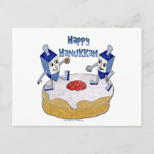 Cartão Postal De Festividades Judaica Feliz Hanukkah Dreidels Dançantes Donut