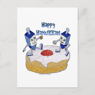 Cartão Postal De Festividades Judaica Happy Hanukkah Dançando Dreidels Doughnut