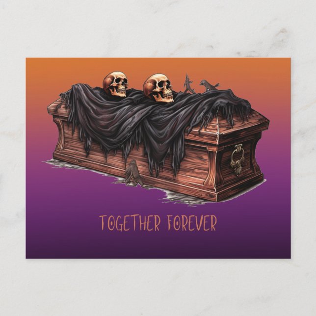 Cartão Postal De Festividades Juntos Para Sempre, Casket Skulls Roxo Halloween (Frente)