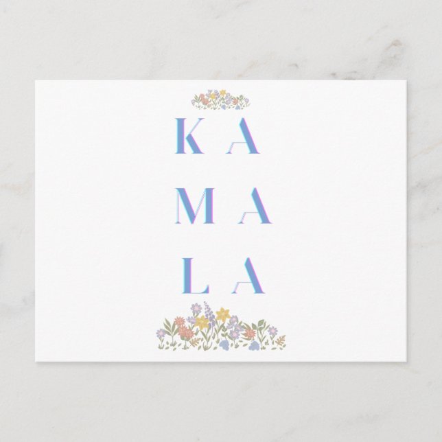 Cartão Postal De Festividades Kamala Harris. Flores. Branco e Azul (Frente)