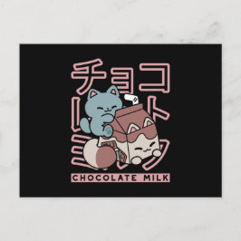 Cartão Postal De Festividades Kawaii Cat with Chocolate Milk – Japanese Pop Art