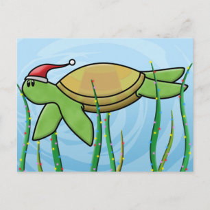 Cartão Postal De Festividades Kawaii Green Sea Turtle Natal