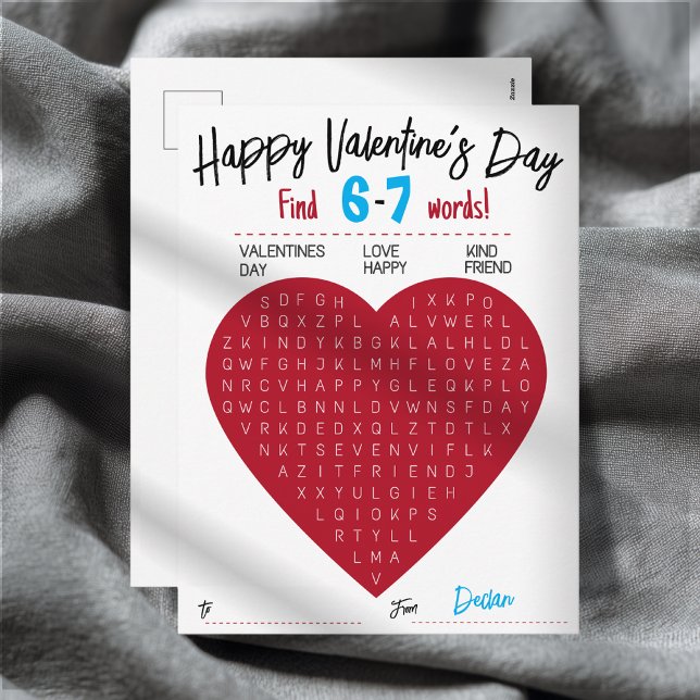 Cartão Postal De Festividades Kids Six Seven Valentine Word Search Heart Class (Trendy 6-7 Valentine Word Search • Customizable Classroom Postcard for Kids)