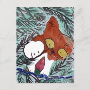 Cartão Postal De Festividades Kiiten é fascinado por luzes da árvore de Natal