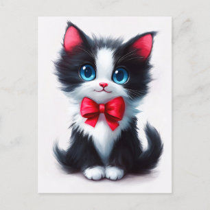 Cartão Postal De Festividades Kitten Adorável com Faixa Vermelha