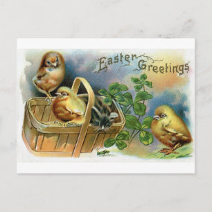 Cartão Postal De Festividades Kitten, Chicks & Clover Vintage Easter