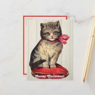 Cartão Postal De Festividades Kitten Natal Sentado Vestindo um Arco Vermelho