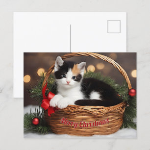 Cartão Postal De Festividades Kitten no cesto