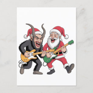 Cartão Postal De Festividades Krampus e Papais noeis tocando guitarra Electric X