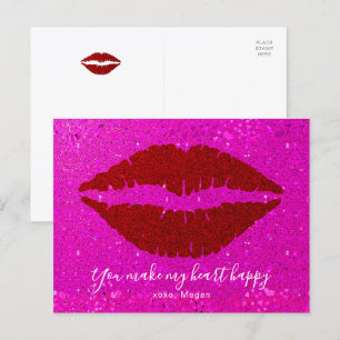 Cartão Postal De Festividades Lábios Vermelhos Brilho Cor-de-Rosa no Dia dos Nam