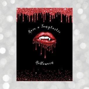 Cartão Postal De Festividades Lábios Vermelhos com Brilho e Presas de Vampiro Ha