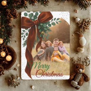 Cartão Postal De Festividades Laço Vermelho Elegante com Foto de Natal com Folha