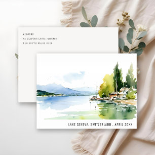 Cartão Postal De Festividades Lago de Genebra Suíça Paisagem Aquarela Viagem