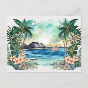 Cartão Postal De Festividades Laguna Tropical com Palmeiras e Flores