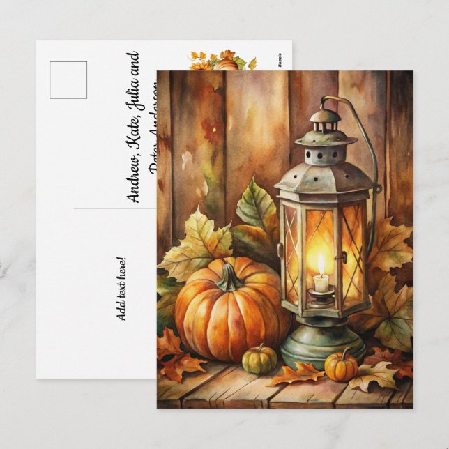 Cartão Postal De Festividades Lamp e Pumpkins Bem-vindos Queda (Frente/Verso)