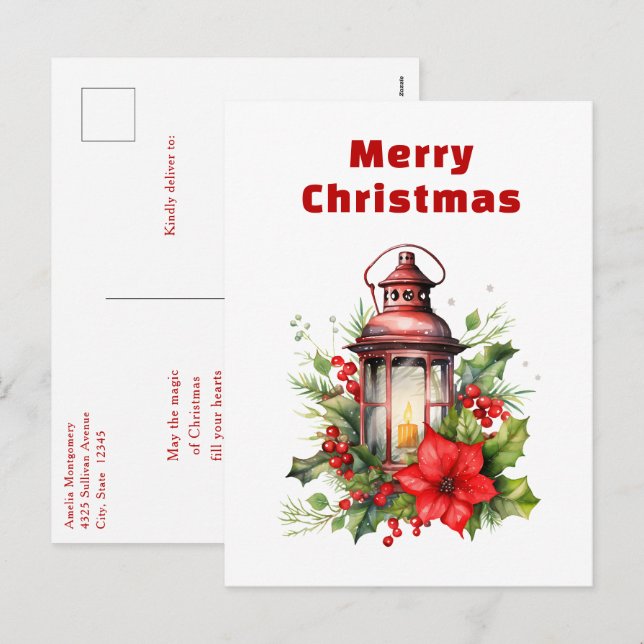 Cartão Postal De Festividades Lanterna de Natal Vermelho Poinsettia e Pinheiro (Frente/Verso)