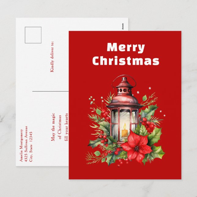 Cartão Postal De Festividades Lanterna de Natal Vermelho Poinsettia e Pinheiro (Frente/Verso)