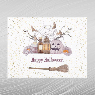 Cartão Postal De Festividades Lanterna Web de Aranha-Pumpkin da Broom Halloween