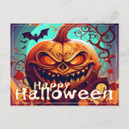 Cartão Postal De Festividades Laranja Abóbora Assustadora com Rosto, Halloween
