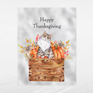 Cartão Postal De Festividades Laranja de Ação de Graças Pumpkins Cat Floral