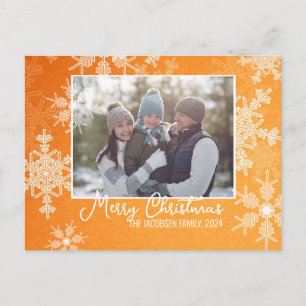 Cartão Postal De Festividades Laranja White Snowflakes Foto de Natal Minimalista