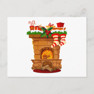 Cartão Postal De Festividades Lareira de Natal com Decorações e Meias