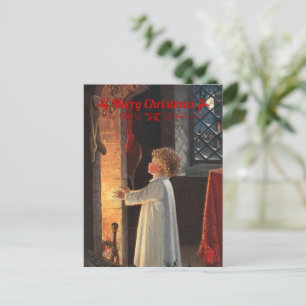 Cartão Postal De Festividades Lareira de Natal, meias e uma criança