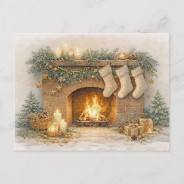 Cartão Postal De Festividades Lareira de Natal Rústica em Aquarela Neutra e Morn