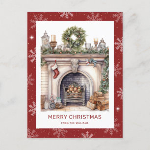 Cartão Postal De Festividades Lareira de Wreath Natal Floco de Neve Vermelho