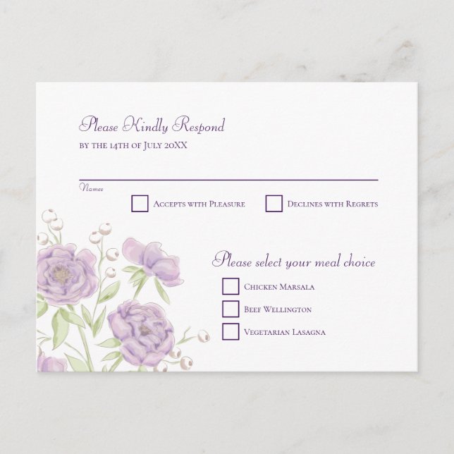 Cartão Postal De Festividades Lavender Purple Rose Wedding RSVP Reply (Frente)
