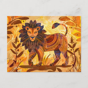 Cartão Postal De Festividades Leão africano com homem de padrão tribal