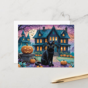Cartão Postal De Festividades Legal Gato Negro, Jack O Lanternas, Casa Negra