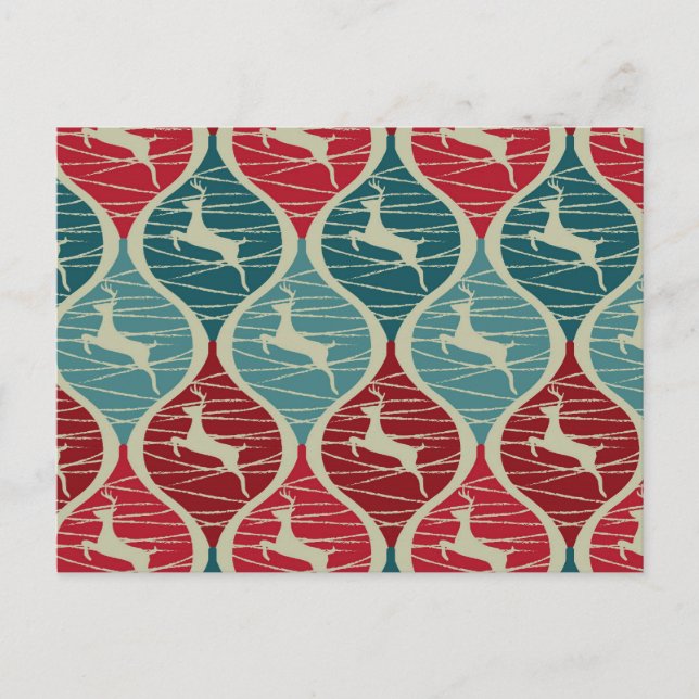 Cartão Postal De Festividades Legal Retro Vermelho e Azul Reindedo Natal Xmas (Frente)