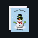 Cartão Postal De Festividades Legal Snowman Adorável Smirk Christmas Personalize<br><div class="desc">Legal Snowman com Shades e Adorável Smirk deseja-lhe Feliz Natal. Ilustração de inverno de um legal boneco de neve com flocos de neve,  óculos de sol e luvas verdes,  lenço vermelho e chapéu preto. Texto e cor do cartão azul-claro personalizáveis.</div>