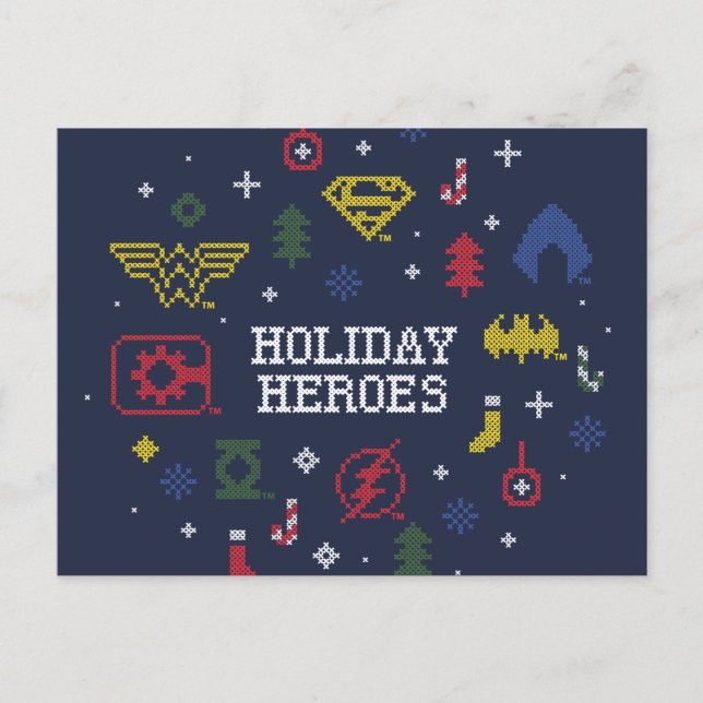 Cartão Postal De Festividades Liga da Justiça "Heroes Holiday" Faux Cross-Stitch (Frente)